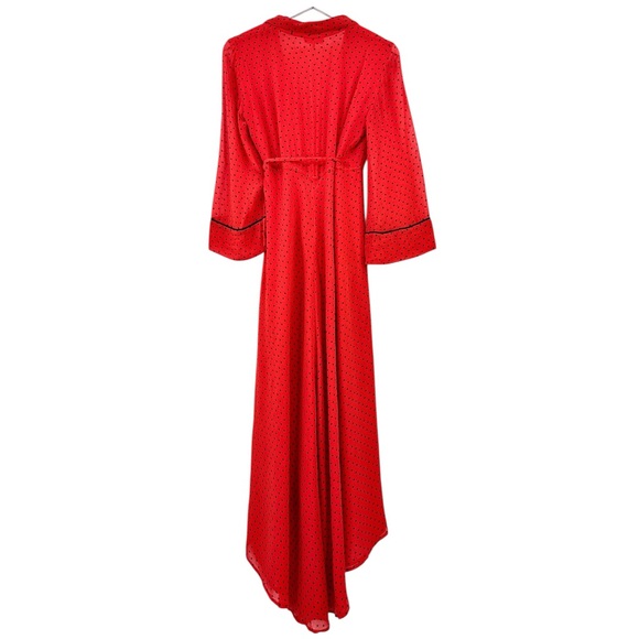 GANNI Mullin Georgette Red Aymmetric Polka Dot Long Sleeve Wrap Midi Maxi Dress - Picture 6 of 16